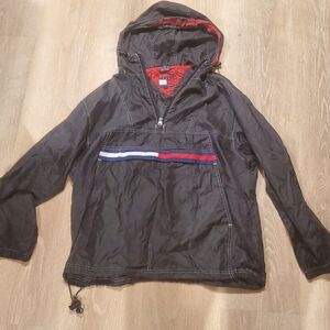 Vintage Tommy Hilfiger Men's Black Nylon Pullover Hoodie Jacket Size Medium